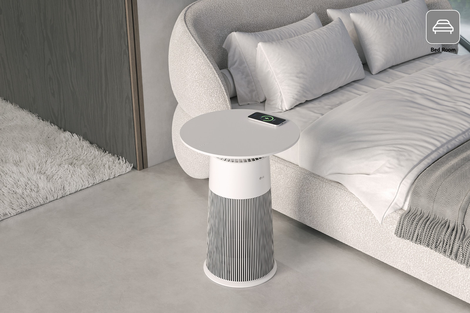The product is placed next to the bed. It is well harmonized with the white interior and is used as a table.